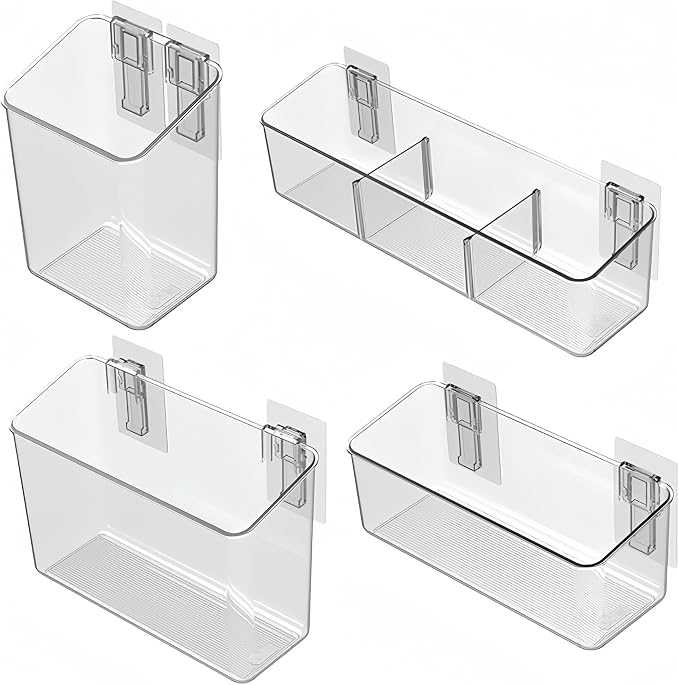 4 Pack Plastic Over Cabinet Door Organizer, Adhesive Mount Storage Organizer Container Makeup Organizer Hanging Basket Bins for Craft Room, Pantry, Office, Space Saving Holder for Kitchen Bags by vacane