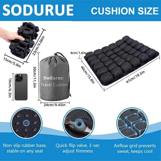Sodurue Travel Cushion, Airplane Seat Cushion for Long Flights | Built in Inflatable Air Pump, Inflatable Seat Cushion for Car,Office,Stadium,etc, Ergonomic, 36 Pressure Relief Airbags - Image 3