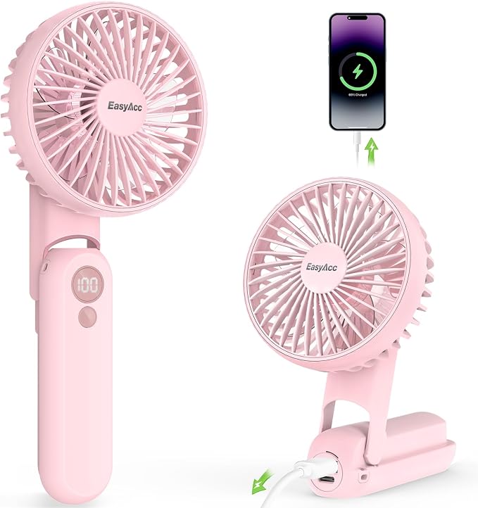 EasyAcc Portable Fan with Built-in Battery, 5 Speeds, Ultra Quiet, 3-18H Runtime, Backup Power, Digital Display, Foldable Handheld and Neck Fan with Lanyard for Travel, Pink by EasyAcc