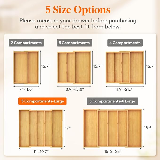 Lifewit Utensil Drawer Organizer, Expandable Kitchen Tool Tray | Wood Adjustable Flatware and Spatula Storage Divider, 11-19.7 x 17 x 1.8“, Natural - Image 4