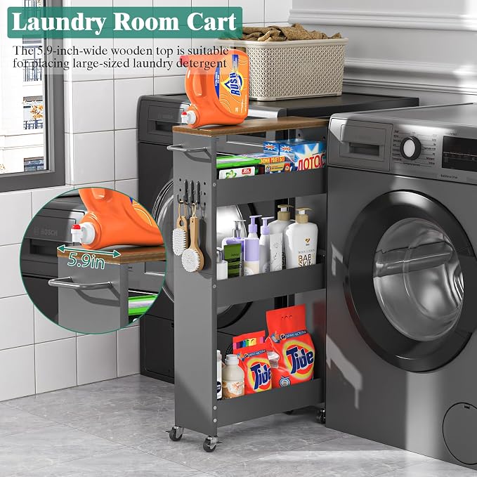 CHLORYARD Slim Storage Cart, 4-Tier Kitchen Rolling Cart Narrow Storage Cabinet with Handle & Wheels, Metal Rolling Shelf Unit for Kitchen Bathroom Laundry Small Places (5.9IN/ Gary/Brown) - Image 4