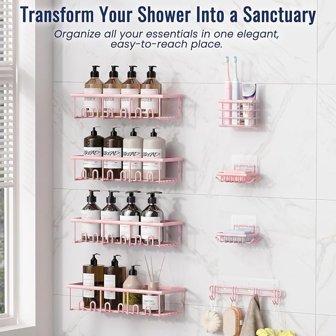 8 Pack Adhesive Rustproof Shower Caddy with Soap Dishes, Toothbrush Holder & Hooks, Large Capacity No-Drilling Shower Shelves Rack for Bathroom Organizers and Storage Accessories, Pink - Image 3