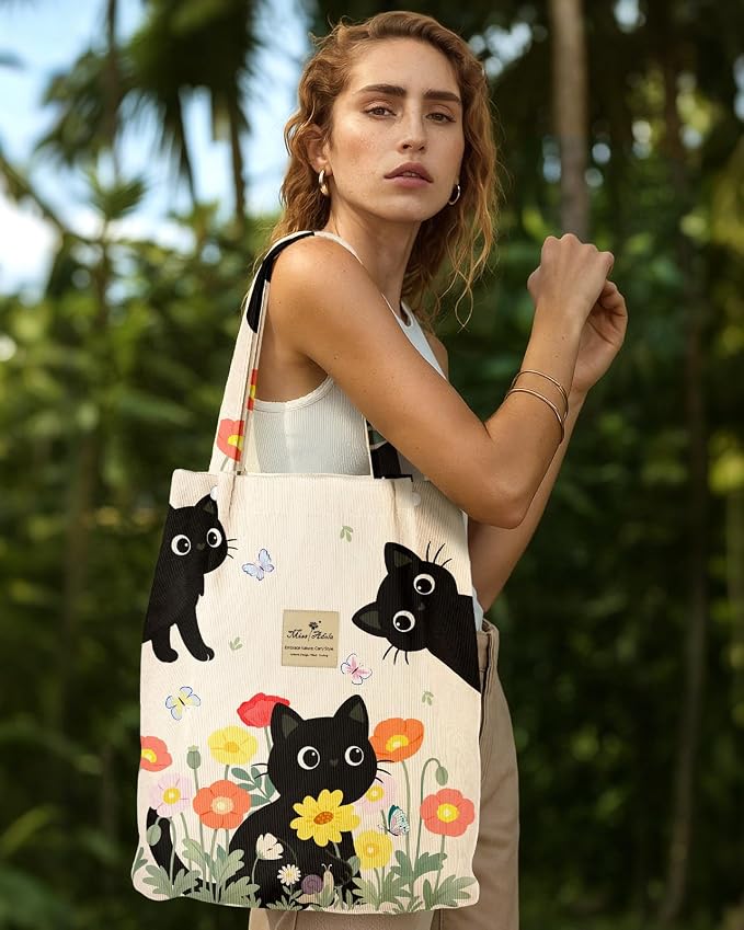 Miss Adola Corduroy Tote Bag for Women with Aesthetic Design | Magnetic Buckle & Pocket, Reusable, Soft, Roomy, Long Shoulder Handles, Double-sided Print, Casual Daily Work, Grocery Bags - Image 3