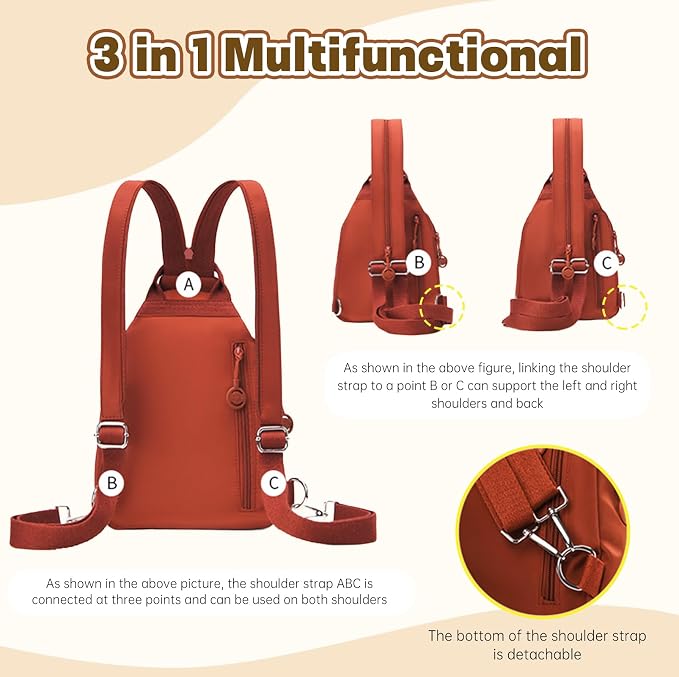 Waterproof 2-Way Mini Commuter Bag, Multi-Compartment Oxford Small Backpack, For Women, Collegeman, Commuter, Travel with Anti-Theft,Three in One Multifunctional Convertible Design (Orange) - Image 5