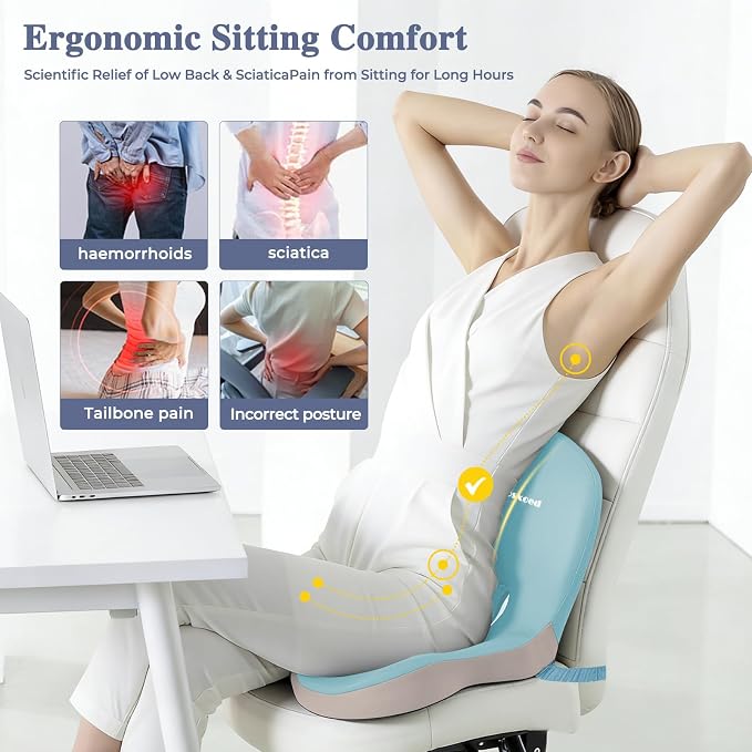 Memory Foam Seat Cushion for Sciatica & Back Pain Relief - Ergonomic Chair Pad with Adjustable Strap & Supportive Comfort Cover, Non-Slip for Car, Truck, Office Chair - Blue - Image 2