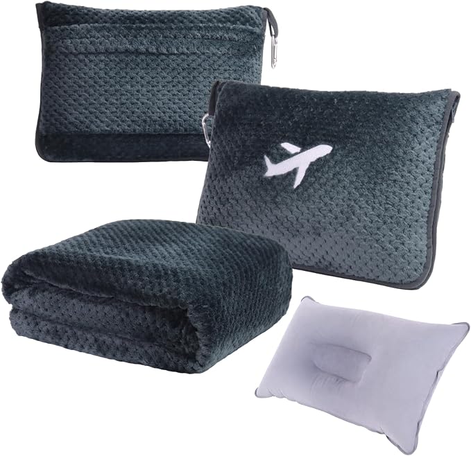 3 in 1 Travel Blanket Pillow Set - 350 GSM Thick Travel Blanket Airplane Compact with Bag, Soft Bag with a Pocket, Inflatable Travel Pillow for Camping & Car Trip (Dark Grey) by Nenolix