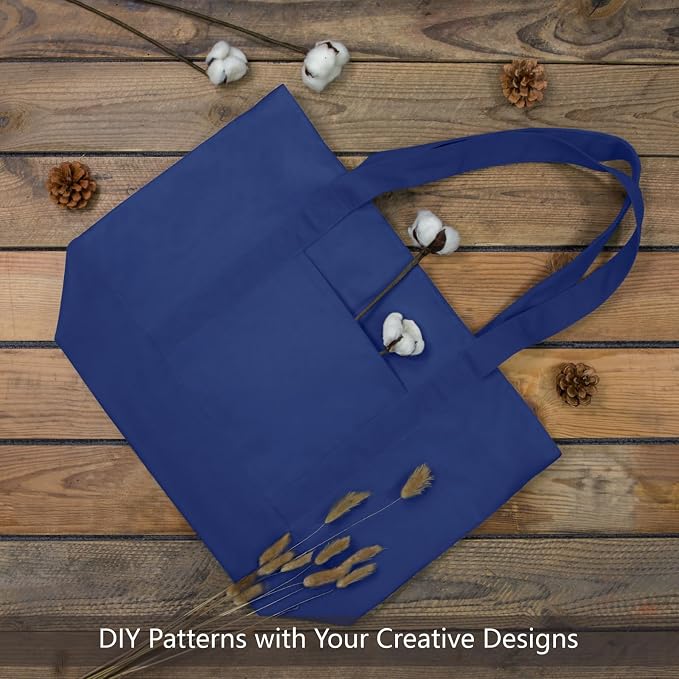 TOPDesign 6-Pack Canvas Tote Bags with an External Pocket, Reusable Grocery Shopping Bags, Top Zipper Closure, Daily Essentials (Blue) - Image 3