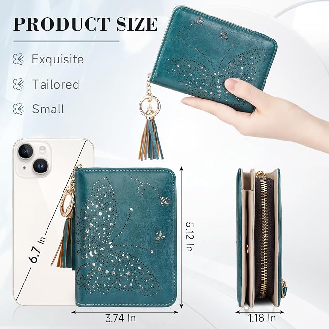 KITEVIUN Women RFID Blocking Small Bifold Wallet, Compact Cash Clutch with Zipper Coin Pocket, Glittery Butterfly Design, Credit Card Holder, Travel Purse with Tassel PEACOCK-BLUE - Image 3