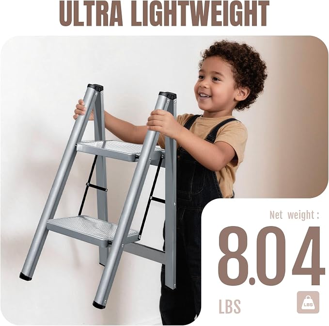 2 Step Ladder, Steel Folding Step Stool with 330lbs Heavy Duty | Anti-Slip Wide Pedal | 1.9" Slim Fold | Ideal for Bathroom Sink, Bed Step Stool, Kitchen Counter & Plant Shelf Display - Image 4