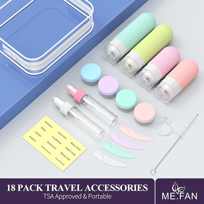 ME.FAN Travel Bottles for Toiletries,18 Pack Silicone Portable Size Bottle, TSA Approved Refillable Cosmetic Container Kits for Conditioner, Shampoo, Lotion,Face Cream - Bright - Image 6