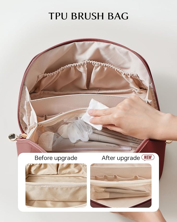 EACHY Travel Makeup Bag for Women, Flat Open Cosmetic Case, Red, Large | PU leather organizer with flat-open access, storage pockets and clear TPU brush compartment for daily makeup and toiletries - Image 3