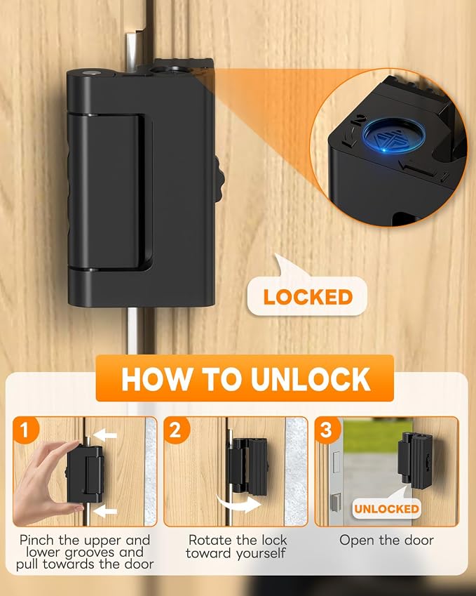 Portable Door Reinforcement Lock for Travel & Home, No Screws Instant Install Safety Lock for Inward Swing Front Door, Hotel, Apartment - Extra Latch from Inside Withstand 800lbs (Black-3PCS) - Image 6