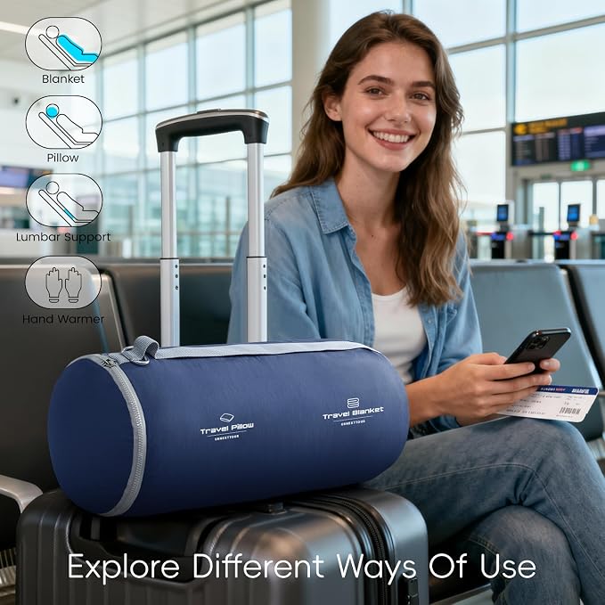 urnexttour 4-in-1 Travel Pillow & Blanket Set with Eye Mask, Memory Foam Neck Support, 50x65 Inch Blanket, Storage Bag for Airplane, Car, Train, Home Travel Blue - Image 7