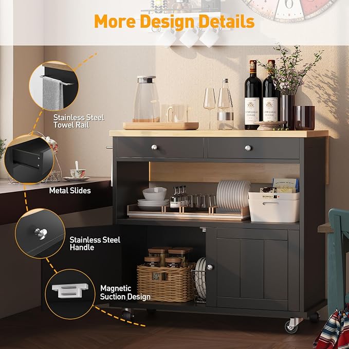 Rolling Kitchen Island with Folding Drop Leaf Breakfast Bar, 35.4'' W Kitchen Cart with Storage Cabinet and 2 Drawers, Portable Mobile Kitchen Island Table with Towel Rack, Lockable Wheels, Black - Image 4