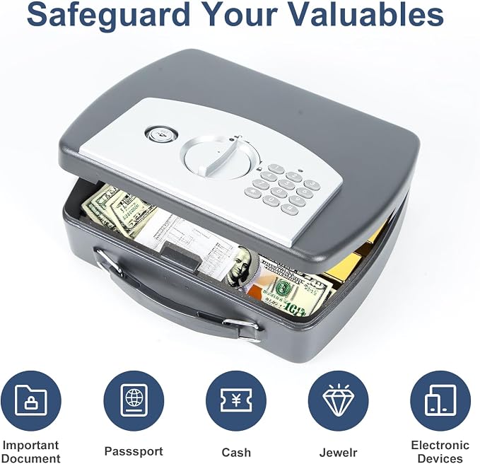 0.08 Cu Ft Portable Steel Security Safe Box with Digital Keypad | Portable Travel Safe Built With Carrying Handle, Ideal For Storing Cash, Jewelry & Documents At Home, Office And Hotel - Image 3