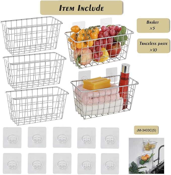 JUNCHU CHERRY 5 Pack Hanging Storage Basket, Bathroom Basket, Household Goods, with Traceless Tape, no Drilling, for Cabinet Storage, Kitchen, Bathroom, Storage Room,Chrome - Image 6