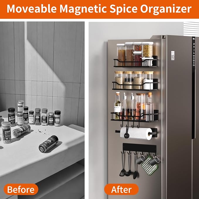 Magnetic Spice Rack,Multifunctional Magnetic Shelf for Washing Machine,Refrigerator,Microwave,and Any Metal Surface,Powerful Magnetic Shelves Include Magnetic Paper Towel Holder (5 pcs - Black) - Image 3