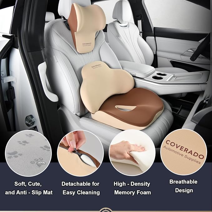 Coverado Car Seat Cushion and Lumbar Support with Headrest Pillow Memory Foam Ergonomic Back Support Driving Seat Cushion Neck Head Pillow, Back Pain Relief, Cushion for Car Driver Office - Image 5