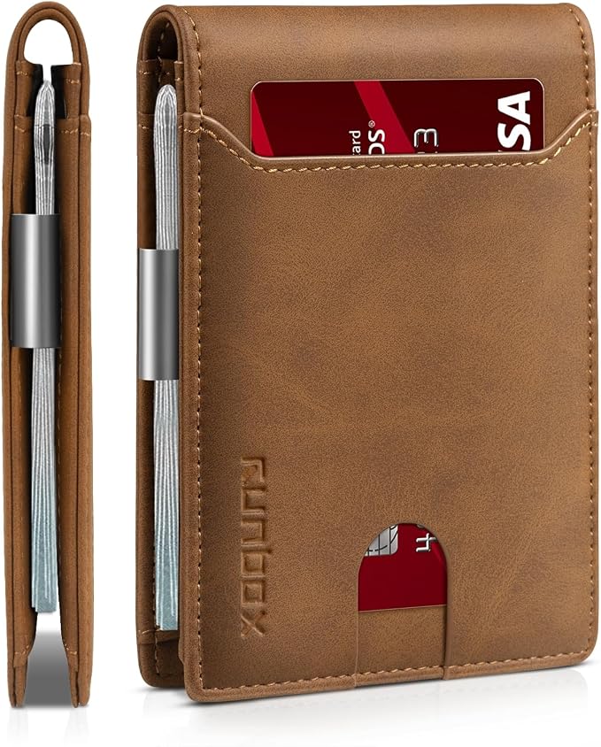 RUNBOX Slim Wallet for Men - RFID Blocking Leather Bifold with Money Clip | Minimalist Front Pocket Wallet Holds 11 Cards,Slim Thin Design,RFID Blocking Protection, Practical Birthday Gifts for Men by RUNBOX