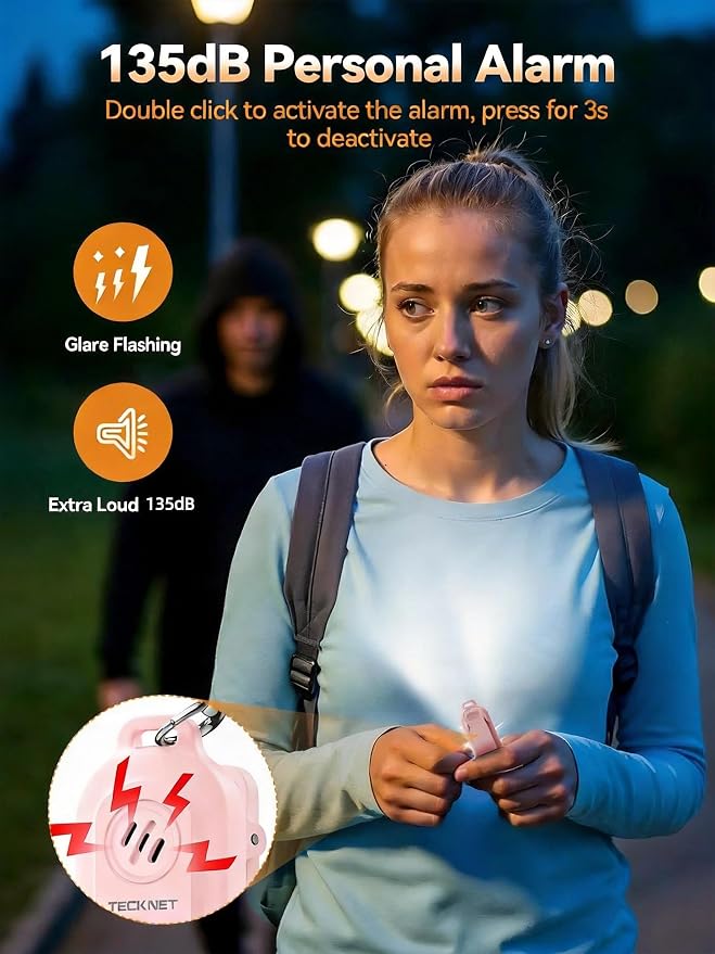 TECKNET Personal Safety Alarm 135dB with SOS Strobe Light for Women - Rechargeable& IPX4 Waterproof Running Lights with Clip On Torch & Low Battery Notice, Safety Siren for Running Travel Kids, Pink - Image 2