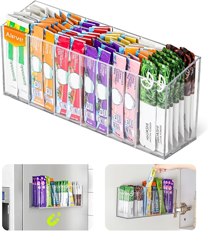 AIEVE Drink Packet Organizer, Mountable Water Packet Organization Holder with Adhesive & Magnetic Sticker, Pantry Organizers Kitchen Storage for Countertop Table Fridge Cabinet by Aieve