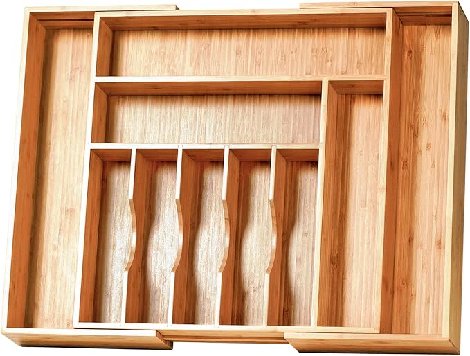 Extra Large Expandable Kitchen Siverware Utensils Drawer Organizer, 19" Deep for Big Drawer, Adjustable Bamboo Wood Drawer Divider with Curved Grooves, Cutlery Tray Flatware Holder by Umilife