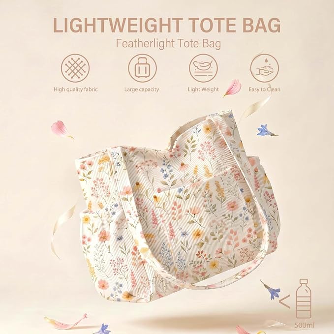 Corduroy Tote Bag for Women,Large Capacity Cute Tote Bags With 6 Pockets,Crossbody Shoulder Handbag for Work Travel Gym - Image 9