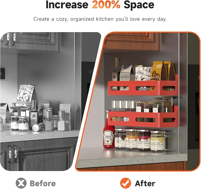 4-Pack Magnetic Spice Rack for Refrigerator with Hooks, Red | Strong multipurpose magnetic shelf for kitchen & bathroom organization. Includes 4 removable hooks for hanging items. - Image 3