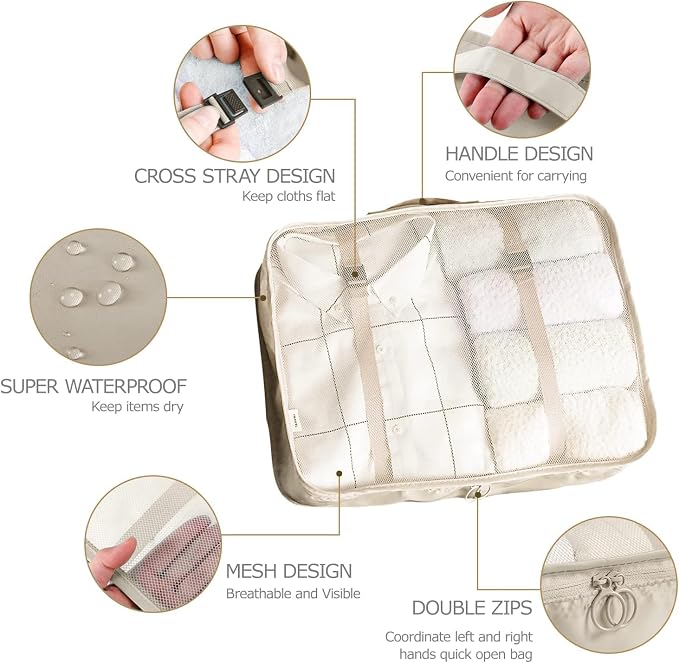 LANSKLBD 6/8 Set Packing Cubes for Suitcases Travel Luggage Packing Organizers,Travel Accessories Essentials Luggage Organizer with Shoe/Tioletry/Laundry Bag (Beige, 6 set) - Image 2