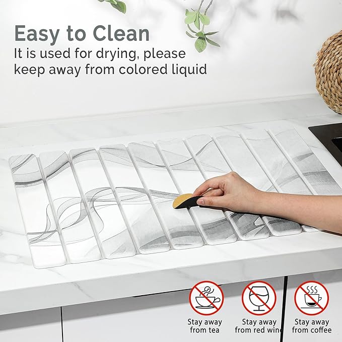 Large Stone Dish Drying Mat for Kitchen Counter, 2 PCS Quick Dry Stone Mats, Foldable Water Absorbing Diatomaceous Earth Drying Dishes Pad for Countertop Bottle Utensil Cup(Black White 24"×16"&8"x4") - Image 5