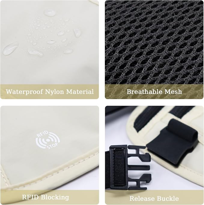 FuninCrea Waterproof Hidden Money Belt for Travel, Anti-Theft Belt Bag with RFID Blocking Function Adjustable Slim Waist Bag with 2 Zipper Pockets and 1 Back Pocket for Travel Running (B, Beige) - Image 4