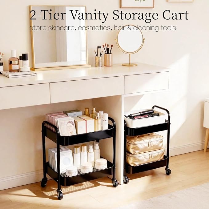 2 Tier Metal Rolling Utility Cart with Wheels Under Desk Storage Cart with Handle, Roll Around Organizer Trolley for Small Space Pantry Bathroom Home Kitchen Office Snack Baby Supplies, Black - Image 8