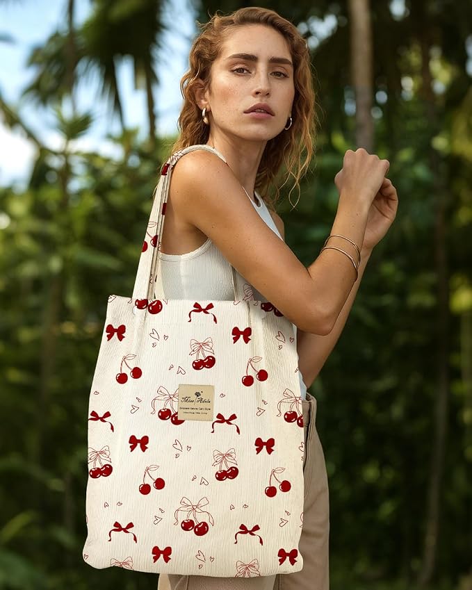 Miss Adola Corduroy Tote Bag for Women with Aesthetic Design | Magnetic Buckle & Pocket, Reusable, Soft, Roomy, Long Shoulder Handles, Double-sided Print, Casual Daily Work, Grocery Bags - Image 3