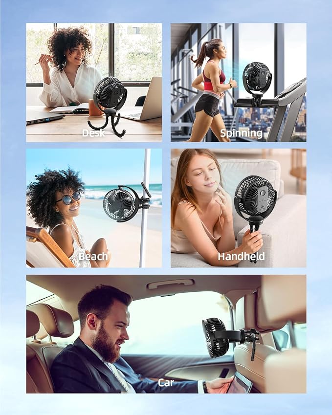 Koonie 5000mAh Portable Stroller Fan - 3-Speed Battery Operated, Flexible Clip-on Tripod, 360° Rotate Flexible Tripod，USB Rechargeable Cooling for Bike, Treadmill, Travel & Car Seat - Image 6