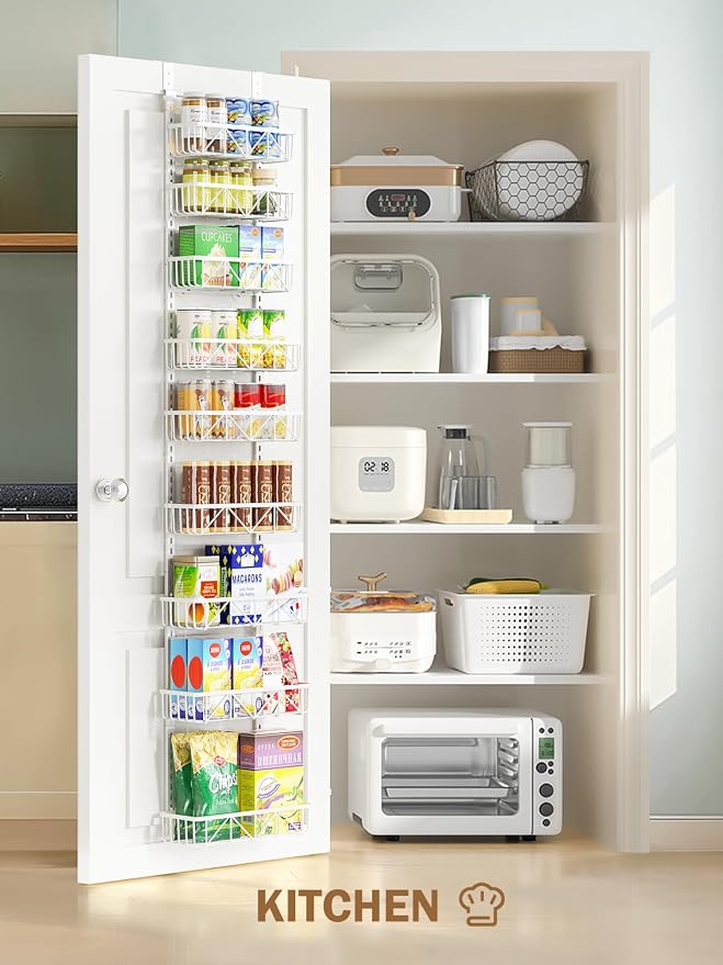 Delamu Narrow 9-Tier Over the Door Pantry Organizer, Adjustable Pantry Storage, Metal Hanging Spice Rack, Cabinet Door Organizer for Kitchen, Bathroom, Laundry Room, 12.5" White - Image 8