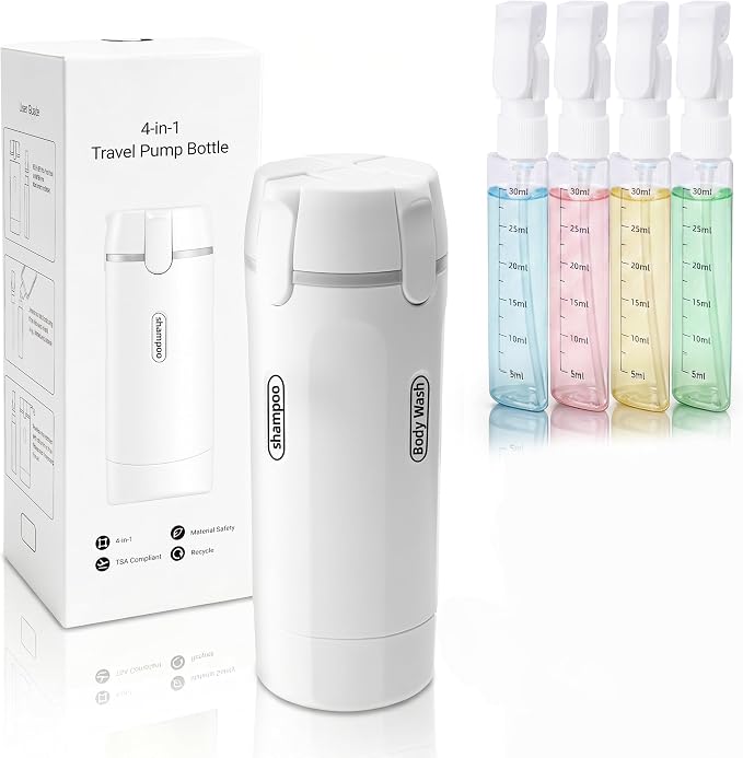 4 in 1 Travel Dispenser Bottle, Leakproof Refillable Toiletry Containers with Label Stickers, Travel Size Bottles for Shampoo, Conditioner & Body Wash, Travel Camping Business Trip Use (White) by TiSOFU