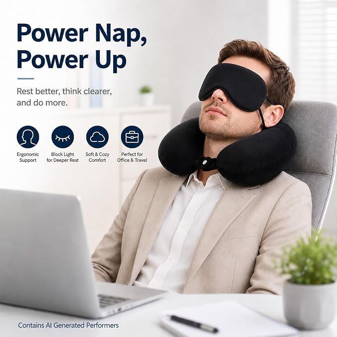 RAINFLOW Travel Neck Pillow Set - Black Memory Foam Cushion with Eye Mask | Airplane Pillow with Removable Washable Cover for Long Flights, Plane Sleeping, Neck Support and Travel Essentials - Image 5