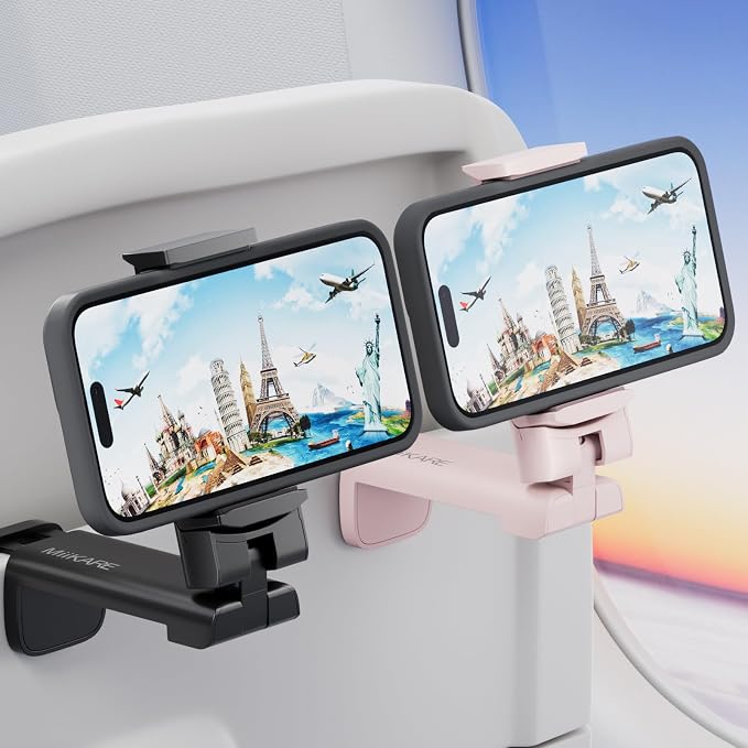 2PCS Airplane Phone Holder Mount, Plane Travel Essentials, Black & Pink | Universal Hands-free Phone Holer with 360° Rotation for Flying, Accessory Travel Must Haves Phone Stand for Desk, Tray Table by MiiKARE
