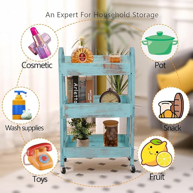 3-Tier Rolling Utility Cart with Lockable Wheels Storage Slim Storage Heavy Duty Cart Mobile Shelving Unit Craft Narrow Organizer for Bathroom Laundry Kitchen (Vintage Blue) - Image 2