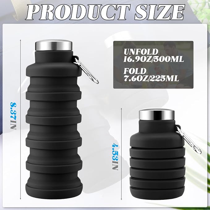 Lallisa 4 Pcs Collapsible Water Bottles 17 oz Reusable Silicone Foldable Travel Water Bottle Portable Leak Proof Sports Water Bottles for Gym Camping Hiking (Black) - Image 2