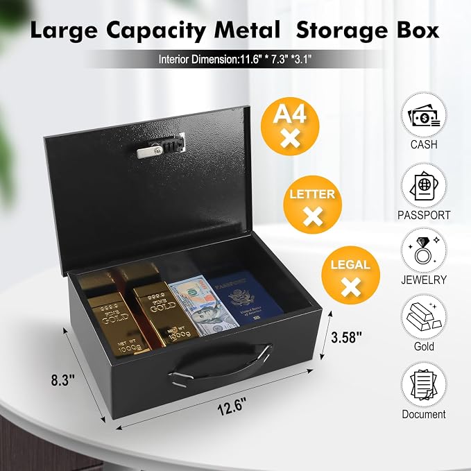 KYODOLED Fireproof Lock Box for Documents, Dual Combination and Key Lock Security with Carrying Handle, Metal Strong Safe Box to Keep Personal Items,Documents, Exterior 12.6" x 8.3" x 3.58", Black - Image 2