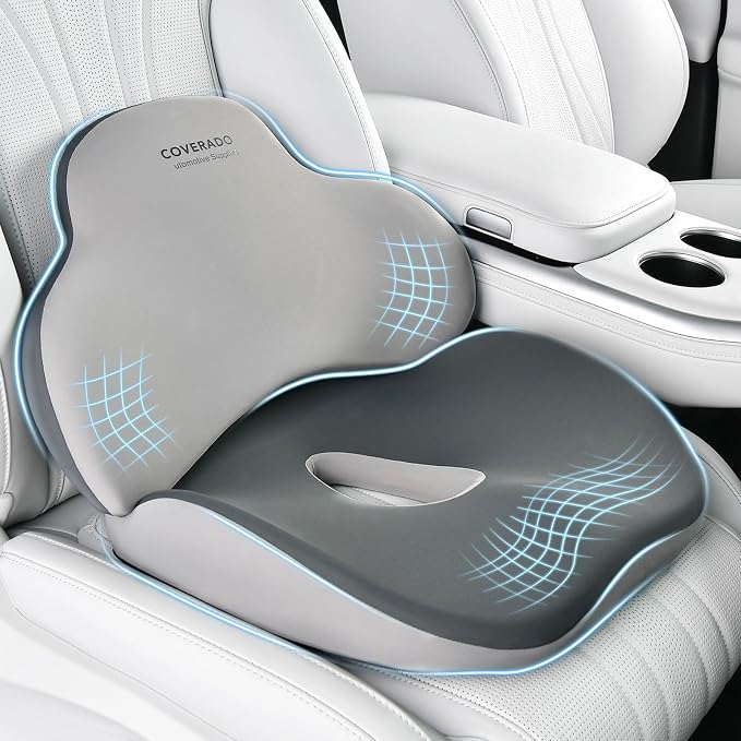 Coverado Car Seat Cushion and Lumbar Support Pillow, Memory Foam Ergonomic Back Support Driving Seat Cushion for Sciatica, Tailbone, Back Pain, Non-Slip Washable Cushion for Car, Driver, Office by COVERADOAUTO