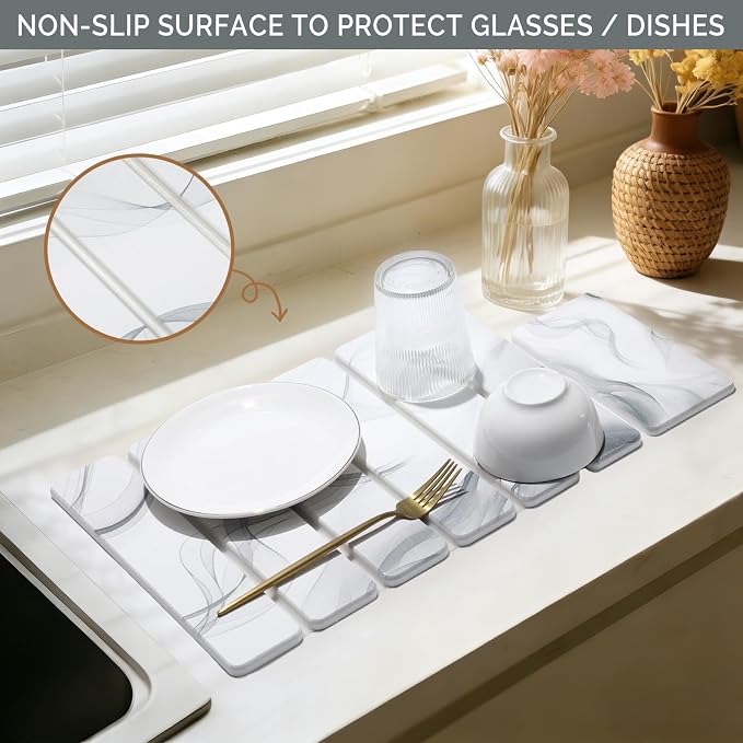 Small Stone Dish Drying Mat for Kitchen Counter, 2 PCS 16"×12" & 8"x4" Quick Dry Stone Mats, Foldable Water Absorbing Diatomaceous Earth Drying Dish Pad for Countertop Bottle Utensil Cup(White Gray) - Image 4