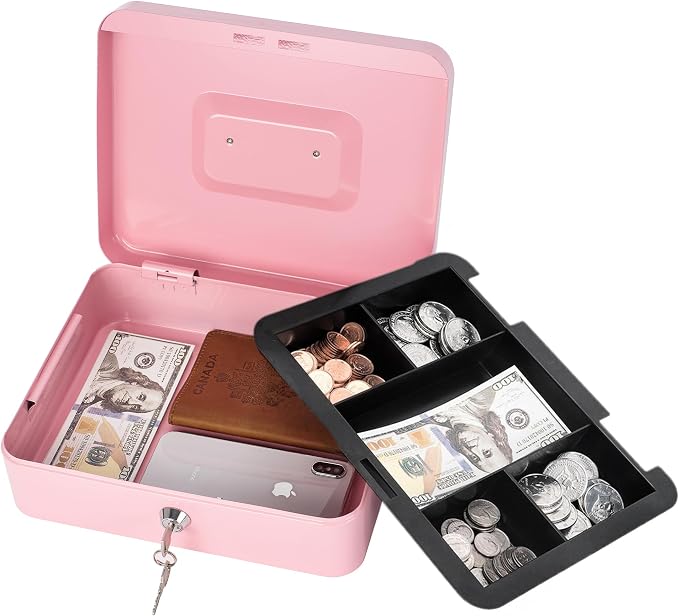 Cash Box with Lock and Money Tray Metal Money Box Large Cash Lock Box for Money 9.84" x 7.87" x 3.54" Pink Larger - Image 2