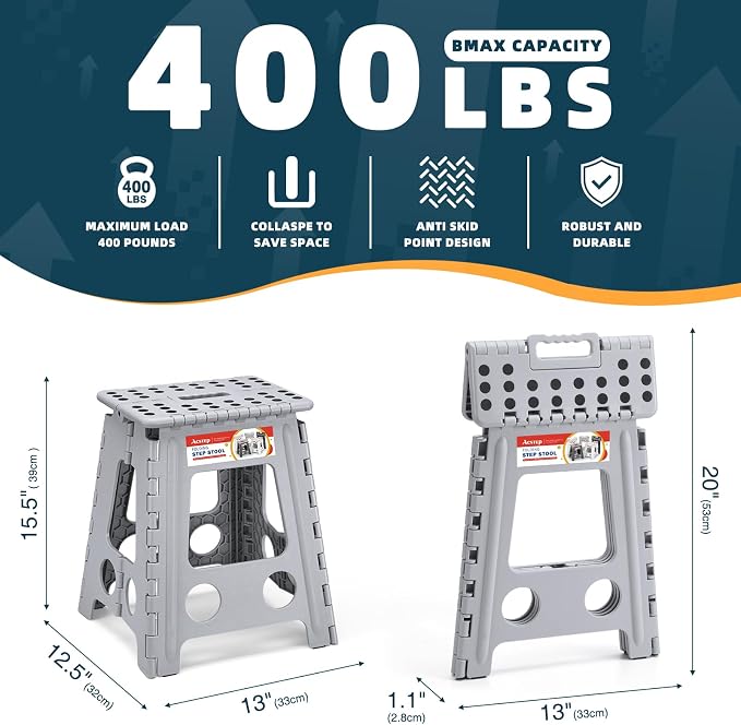 16 Inch Folding Step Stool, Heavy Duty, 400 lbs, Grey | Lightweight Collapsible Stepping Stool for Adults with Handle, Non-Slip, for Kitchen, Bathroom, Bedroom and Outdoor Use - Image 5