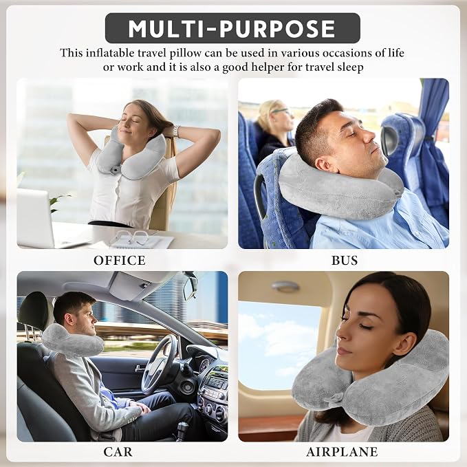 Sintuff 2 Pack Inflatable Travel Pillow for Airplanes Inflatable Neck Flight Pillows with Compact Bag and Blindfold for Traveling, Airplane, Train, Car, Office(Gray) - Image 7