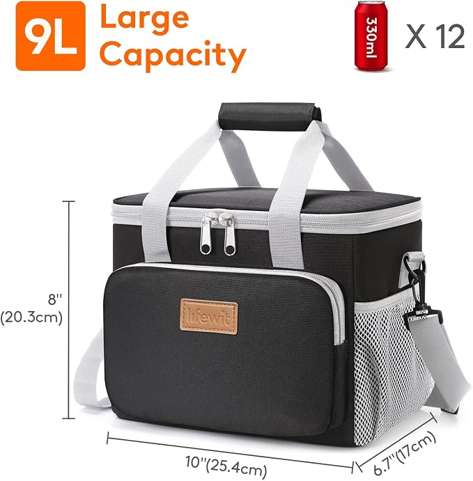 Lifewit Medium Lunch Bag, Insulated Lunch Box, Soft Cooler Cooling Tote for Adult Men Women, Gray and Black 12-Can (9L) - Image 3