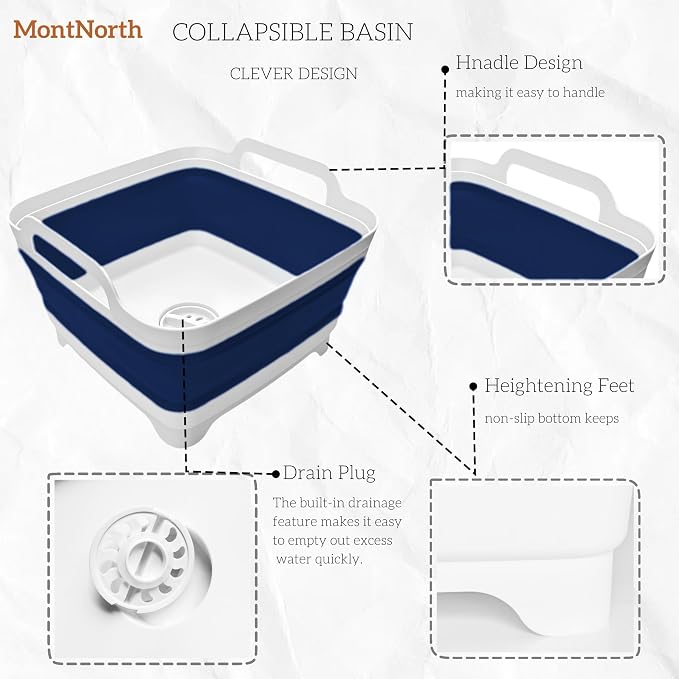 Collapsible Wash Basin 9L, Foldable Dish Tub with Drain Plug, Portable Collapsible Dish Basin, Camping Sink for Washing Dishes, Laundry & Kitchen Use (Navy Blue) - Image 4