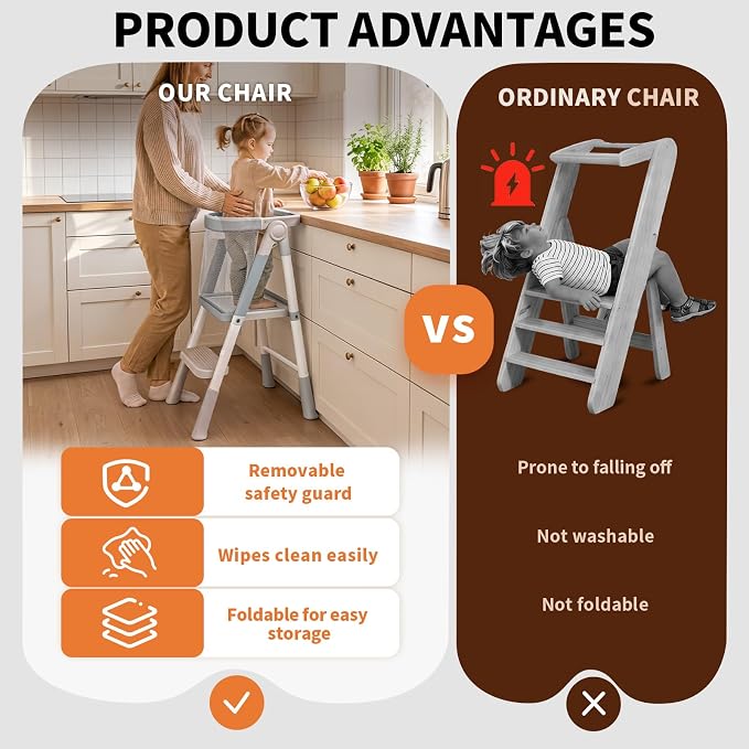 Foldable Toddler Standing Tower, Kitchen Helper Stool for Kids 1.5-6 Years | Safety Rail & Net Foldable Design Non-Slip Stable Easy Clean Portable Space Saving Storage Quick Assembly Montessori Grey - Image 3