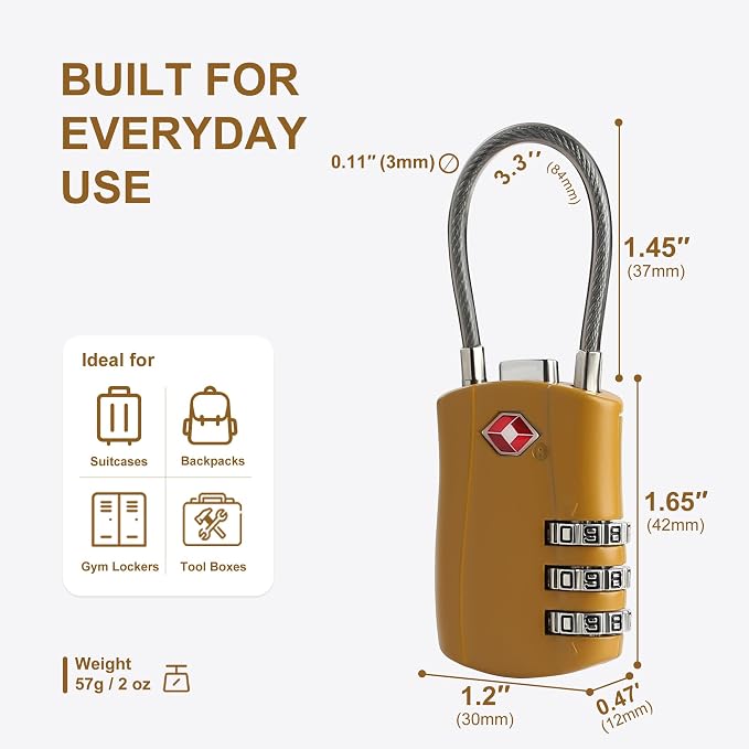 TSA Locks for Luggage, Small Padlock Combination with Cable, Luggage Locks TSA Approved, Combo Padlock with Code, for Travel Suitcase, Gym Locker, Gun Case, Backpack Zipper (Black+Golden) - Image 5
